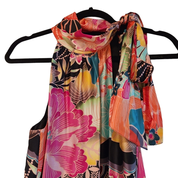 *NWT* Trina Turk 100% Silk Multicolored Tie-Neck Scarf Midi Dress - Picture 6 of 12